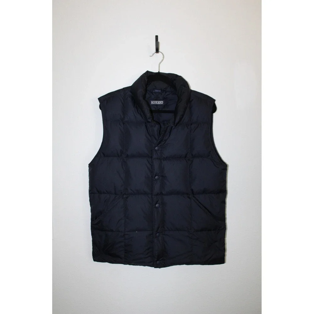 VTG Lands' End Navy Blue Goose Down Puffer Vest Quilted Snap Front Small 34-36